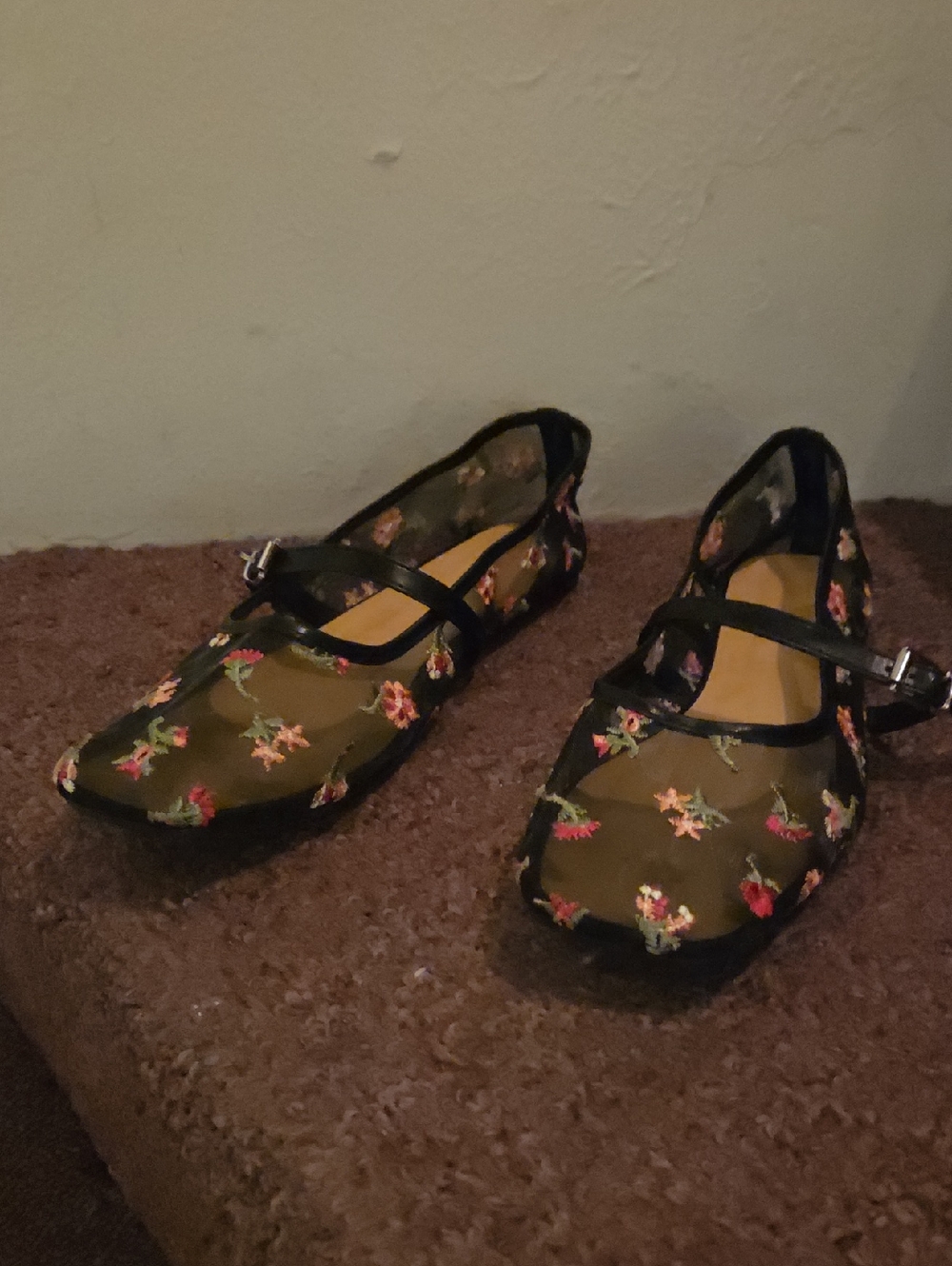 Floral Mesh Mary Jane Flats in Black